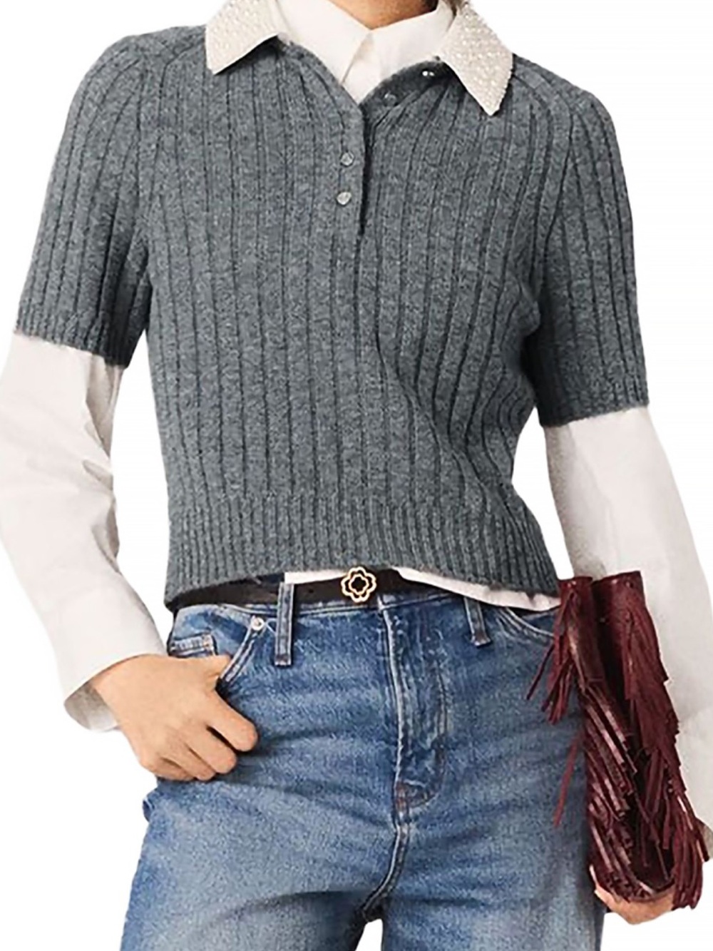 Maje Pearl Beaded Collar Ribbed Sweater - Picture 6 of 7